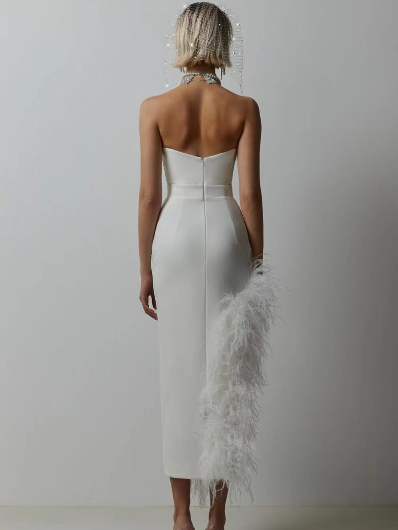 Summer High Waist Feather Split Sleeveless Tube Top Midi Dress Sexy Sweet Dress - Image 2