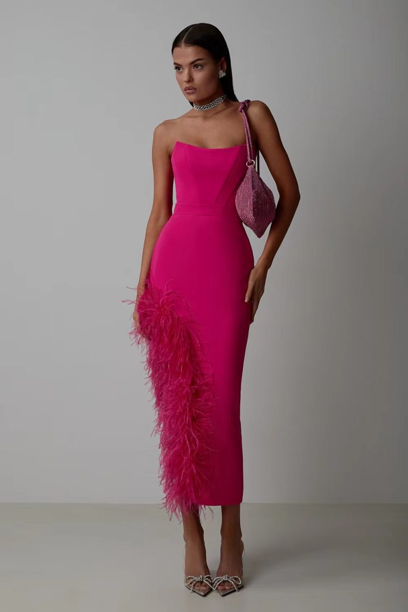 Summer High Waist Feather Split Sleeveless Tube Top Midi Dress Sexy Sweet Dress - Image 3