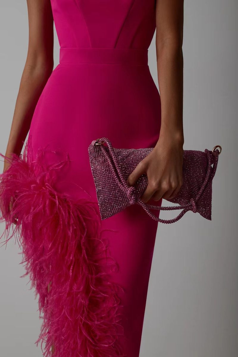 Summer High Waist Feather Split Sleeveless Tube Top Midi Dress Sexy Sweet Dress - Image 4