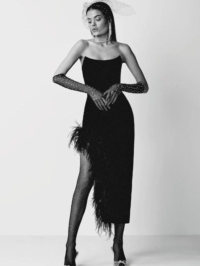 Summer High Waist Feather Split Sleeveless Tube Top Midi Dress Sexy Sweet Dress - Image 6