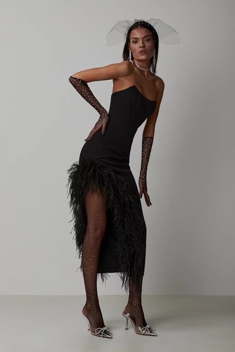 Summer High Waist Feather Split Sleeveless Tube Top Midi Dress Sexy Sweet Dress - Image 7