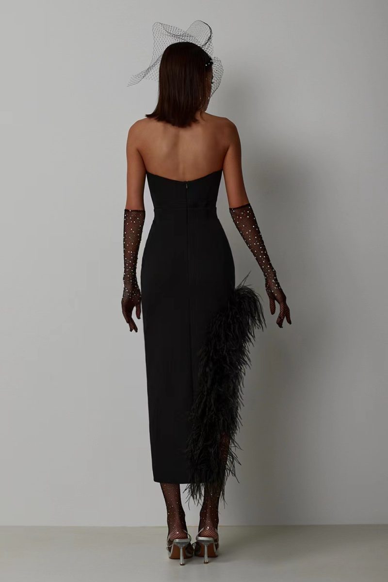 Summer High Waist Feather Split Sleeveless Tube Top Midi Dress Sexy Sweet Dress - Image 8