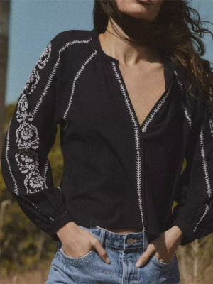 Summer Women Black Embroidered V neck Long Sleeved Shirt