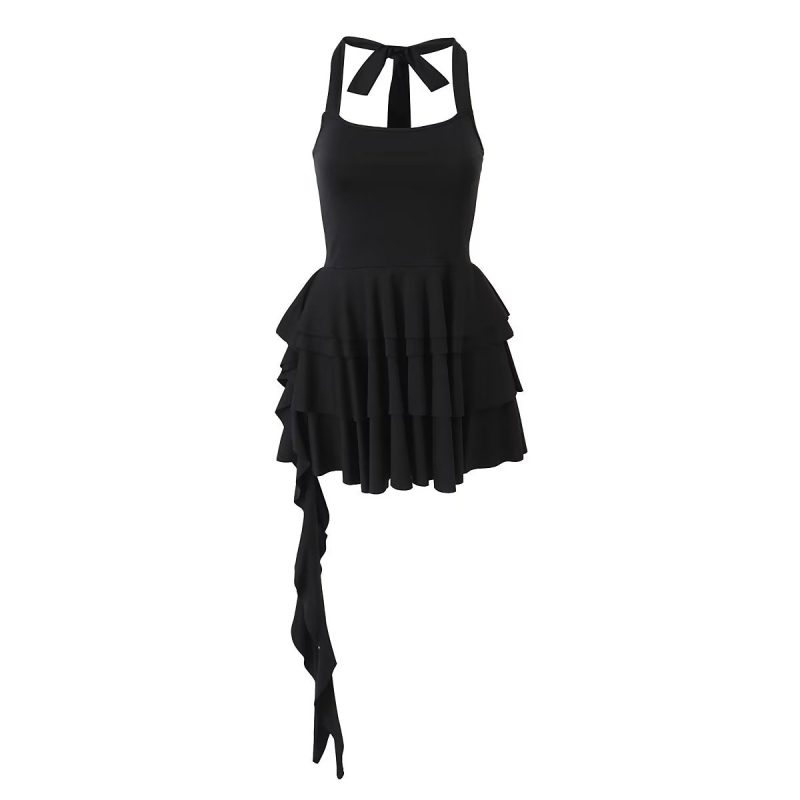Ballet Girl Ruffled Ribbon Stitching Solid Color Tube Top Dress Casual Midi Dress - Image 2