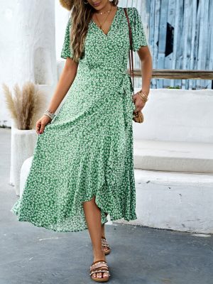 V Neck Tight Waist Dress Spring Summer A line Dress