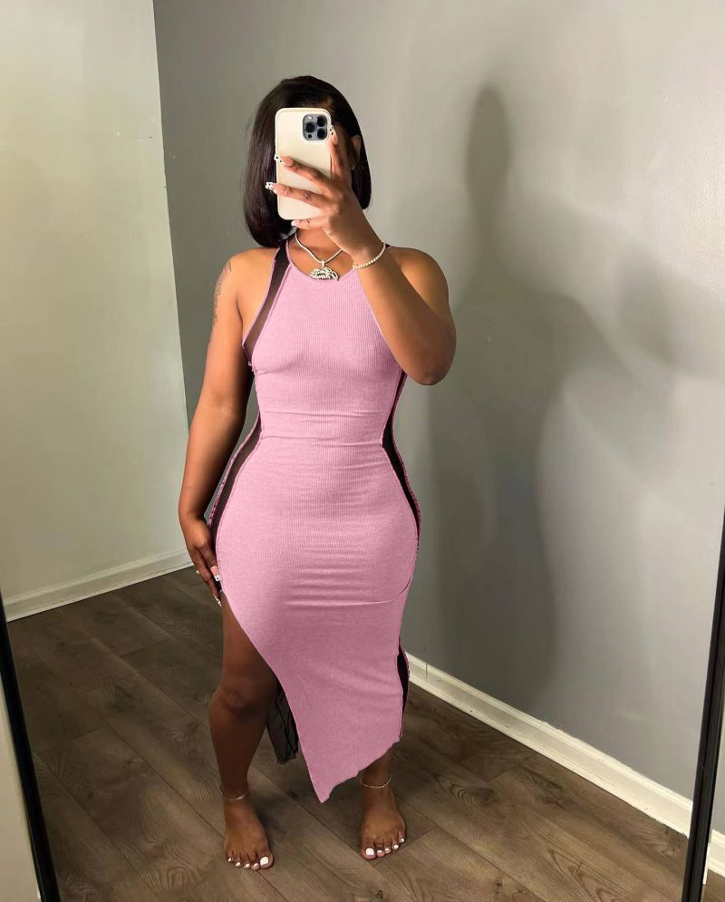 Casual Sexy Sunken Stripe Stitching Mesh Dress - Image 4