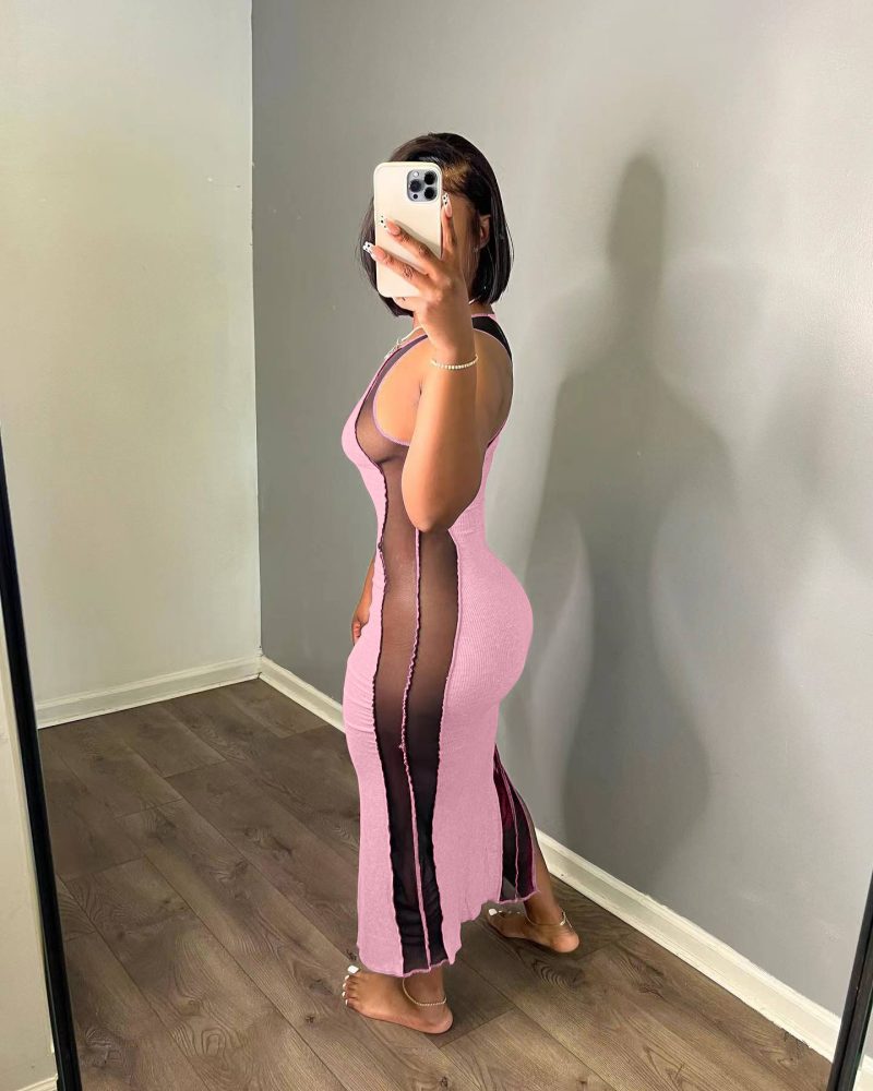 Casual Sexy Sunken Stripe Stitching Mesh Dress - Image 5