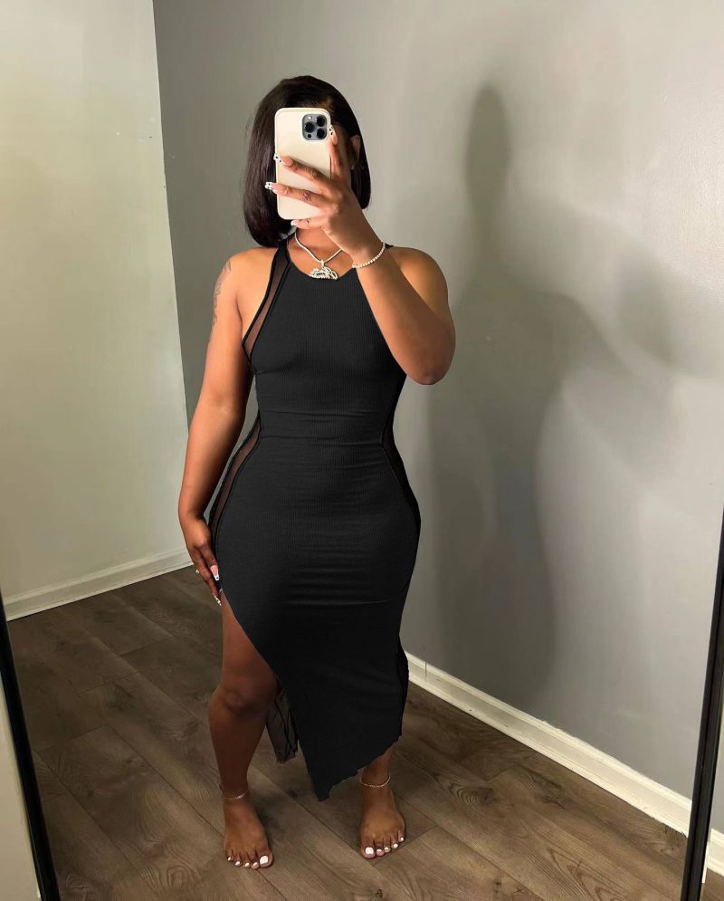 Casual Sexy Sunken Stripe Stitching Mesh Dress - Image 6