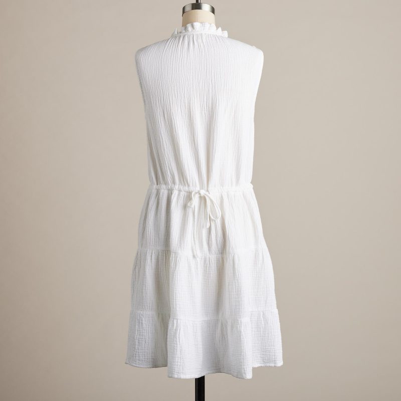 Summer Women Dress Vacation Cotton Pleated V Neck Multi Section Design Lace Up Waist Dress - Image 8