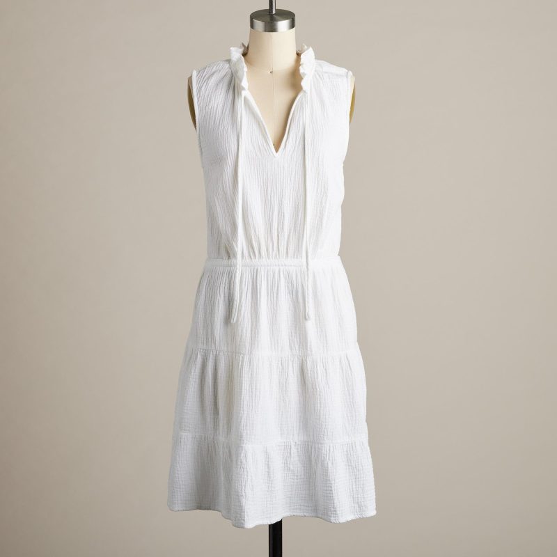 Summer Women Dress Vacation Cotton Pleated V Neck Multi Section Design Lace Up Waist Dress - Image 7