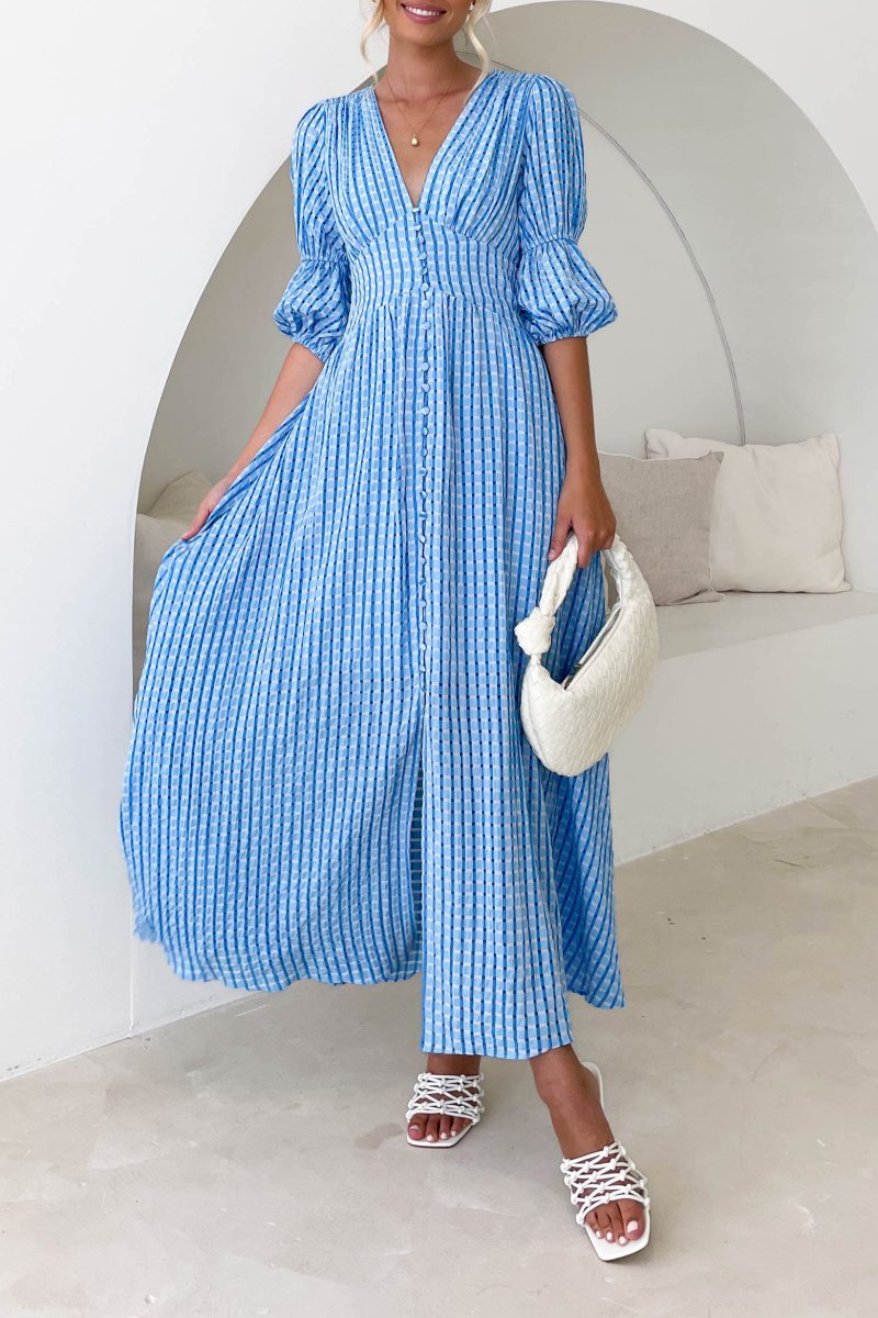 Ladies Spring Summer Dress French Fresh Chessboard Plaid Buckle Large Swing Dress - Image 2