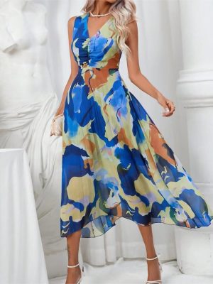 Summer V Neck A Line Dress Elegant Dress High Waist Contrasting Color Dress Women