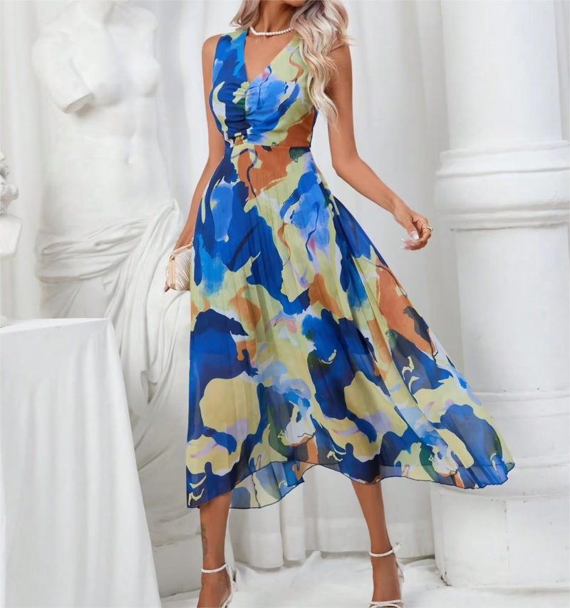 Summer V Neck A Line Dress Elegant Dress High Waist Contrasting Color Dress Women