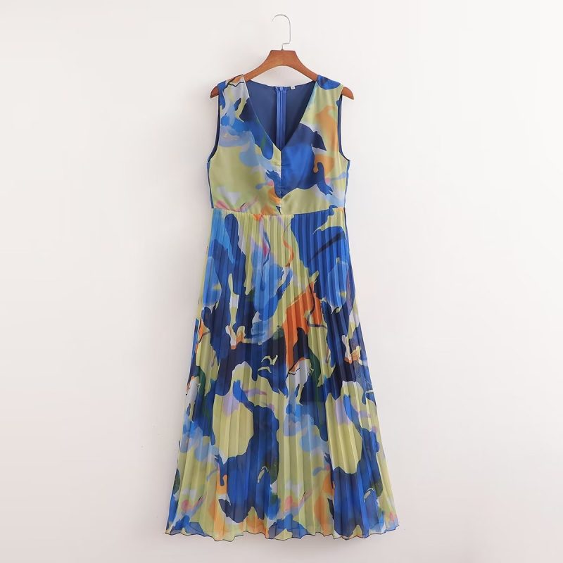 Summer V Neck A Line Dress Elegant Dress High Waist Contrasting Color Dress Women - Image 2