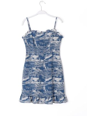 Women Elastic Printed A Line Short With Wooden Ear Back Retro Sexy Slim Fit Cami Dress