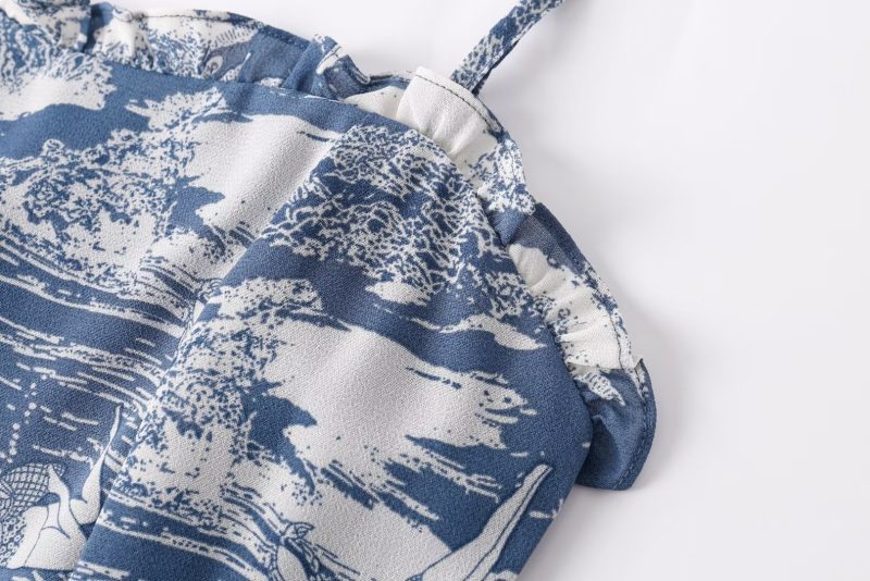 Women Elastic Printed A Line Short With Wooden Ear Back Retro Sexy Slim Fit Cami Dress - Image 5