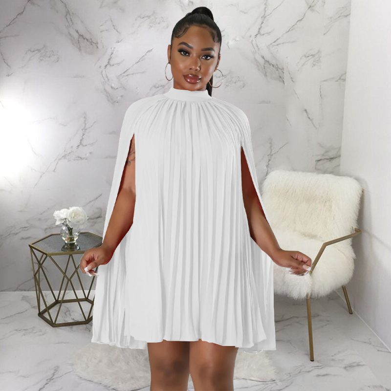 Women Solid Color Batwing Sleeve Pleated Loose Chiffon Dress