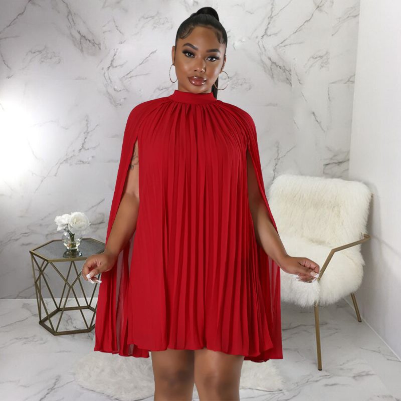 Women Solid Color Batwing Sleeve Pleated Loose Chiffon Dress - Image 2