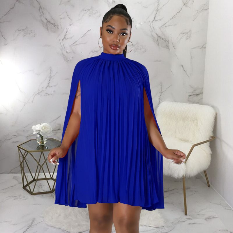 Women Solid Color Batwing Sleeve Pleated Loose Chiffon Dress - Image 3
