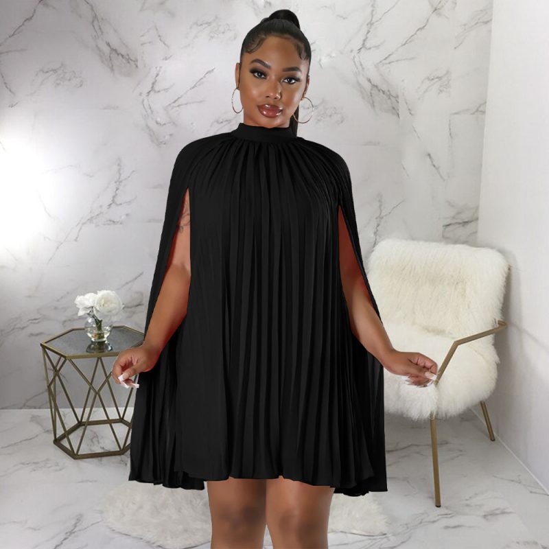 Women Solid Color Batwing Sleeve Pleated Loose Chiffon Dress - Image 4