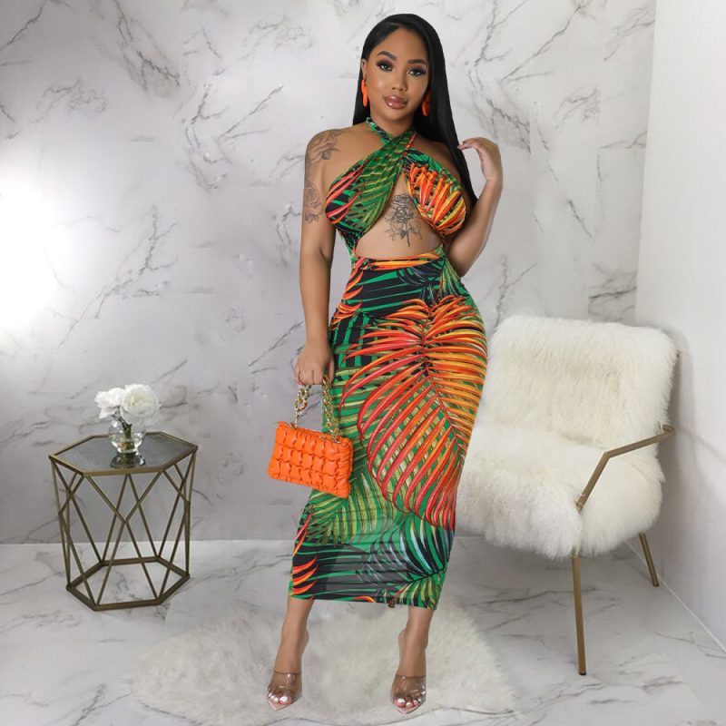 Women Clothing Sexy Sleeveless Lace up Backless Dress Split Printed Dress
