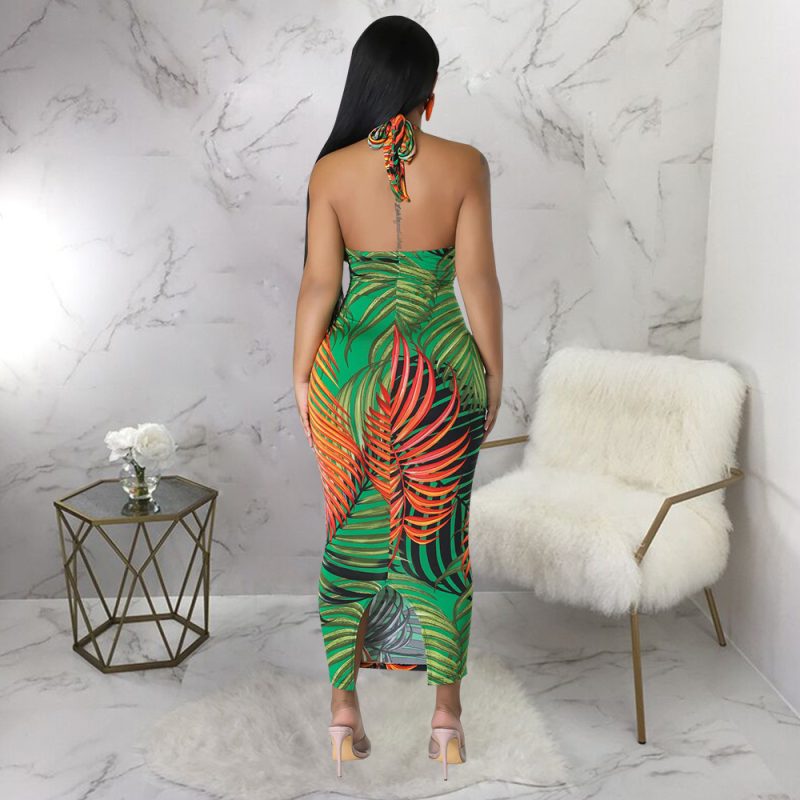 Women Clothing Sexy Sleeveless Lace up Backless Dress Split Printed Dress - Image 2