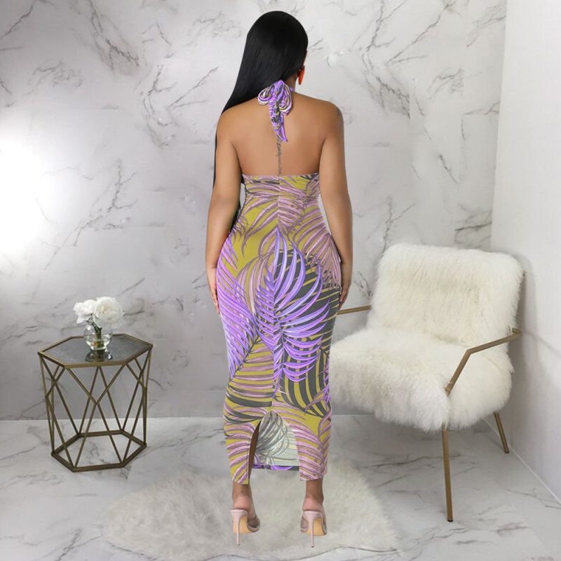 Women Clothing Sexy Sleeveless Lace up Backless Dress Split Printed Dress - Image 4