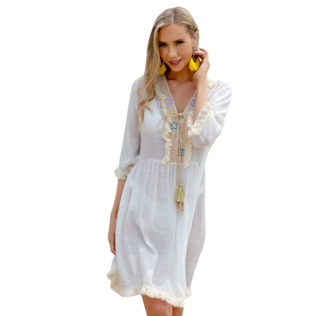 Seaside Vacation Women V Neck Bikini Cotton Blouse Sexy Fimbrilla Beach Dress - Image 5