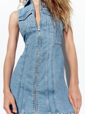 Retro Overalls Zipper Slim Fit Collared Sleeveless Denim Dress