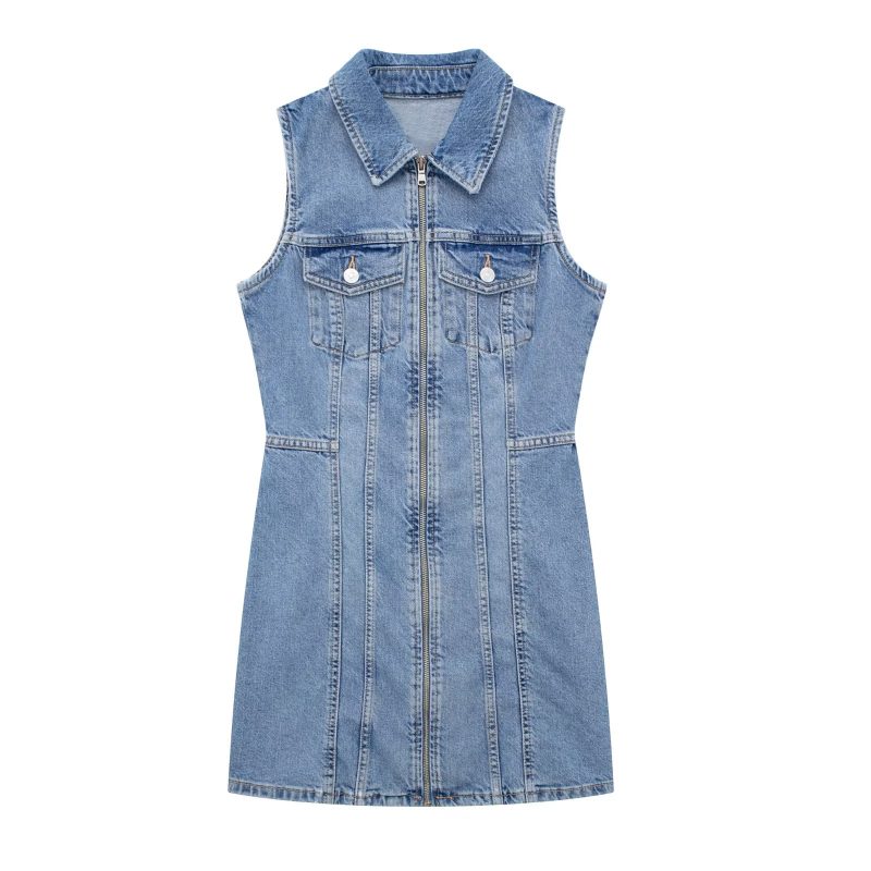 Retro Overalls Zipper Slim Fit Collared Sleeveless Denim Dress - Image 3