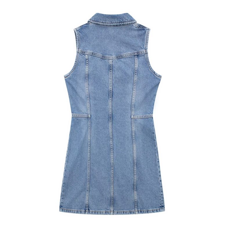 Retro Overalls Zipper Slim Fit Collared Sleeveless Denim Dress - Image 4