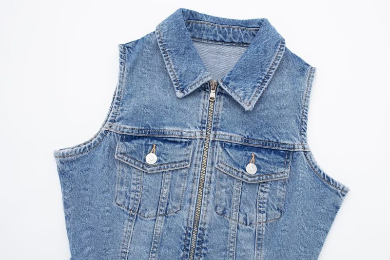 Retro Overalls Zipper Slim Fit Collared Sleeveless Denim Dress - Image 5