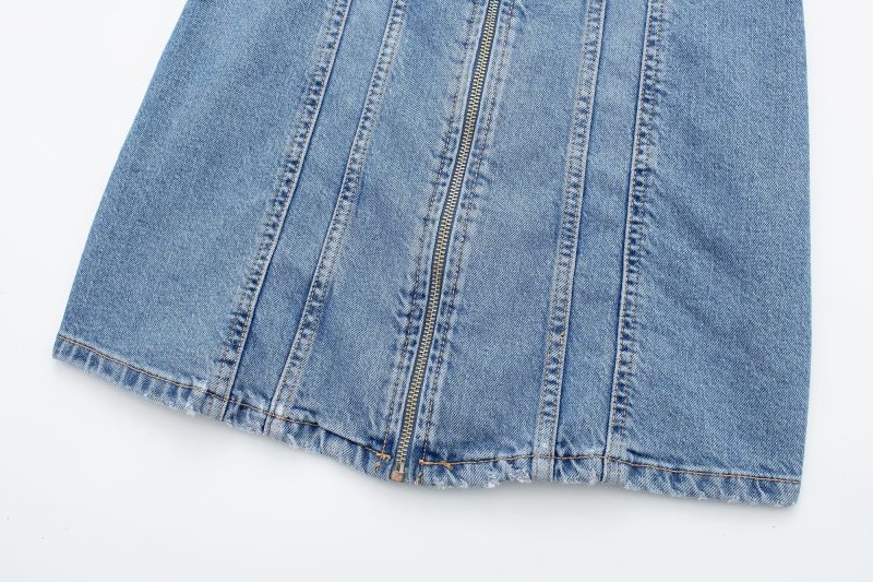 Retro Overalls Zipper Slim Fit Collared Sleeveless Denim Dress - Image 6
