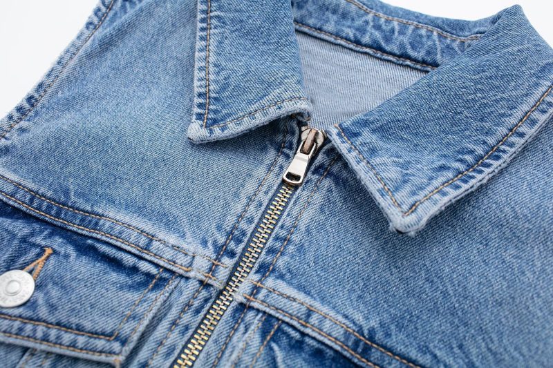 Retro Overalls Zipper Slim Fit Collared Sleeveless Denim Dress - Image 7