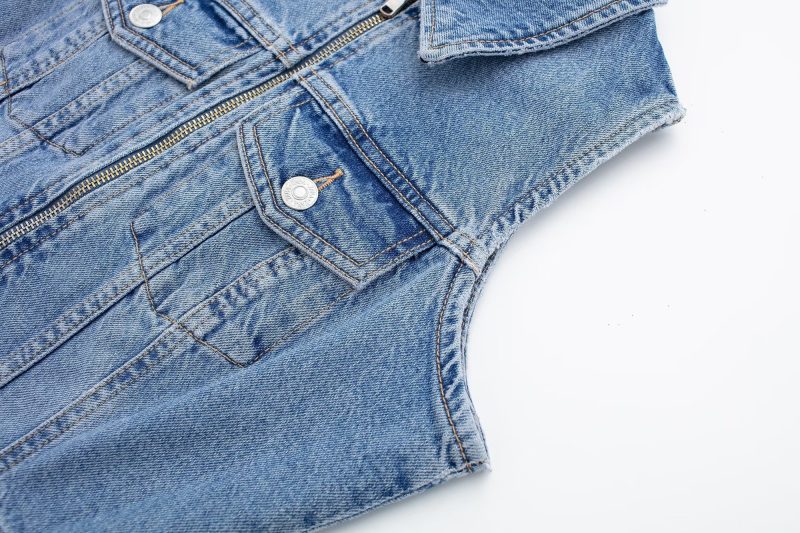 Retro Overalls Zipper Slim Fit Collared Sleeveless Denim Dress - Image 8