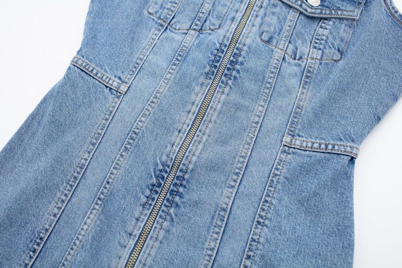 Retro Overalls Zipper Slim Fit Collared Sleeveless Denim Dress - Image 9