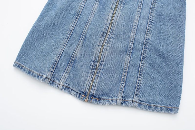 Retro Overalls Zipper Slim Fit Collared Sleeveless Denim Dress - Image 11
