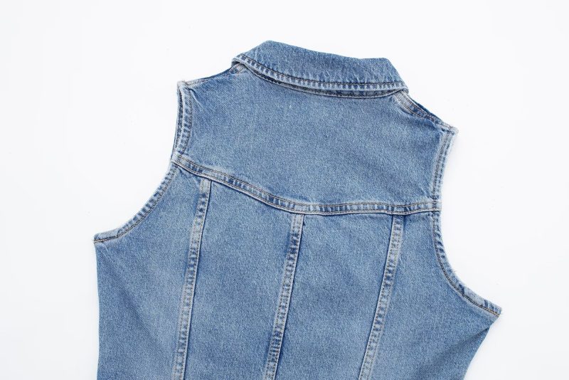 Retro Overalls Zipper Slim Fit Collared Sleeveless Denim Dress - Image 13