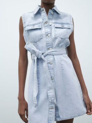 Shirt Collar Vest Dress Sleeveless Straight Slim Fit With Belt Denim Dress