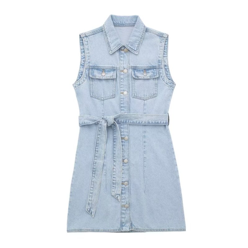 Shirt Collar Vest Dress Sleeveless Straight Slim Fit With Belt Denim Dress - Image 3