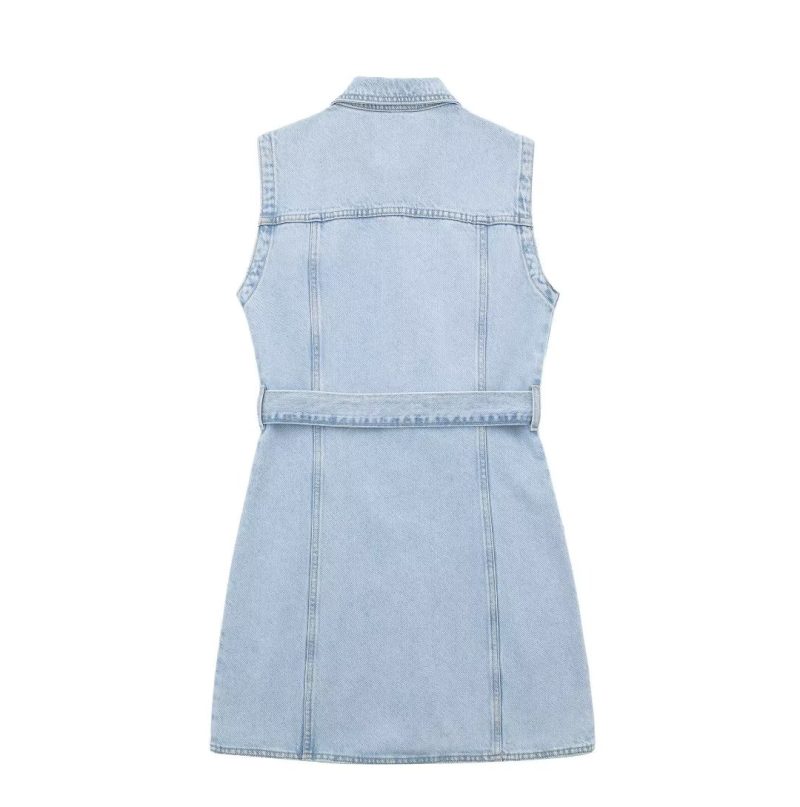 Shirt Collar Vest Dress Sleeveless Straight Slim Fit With Belt Denim Dress - Image 4