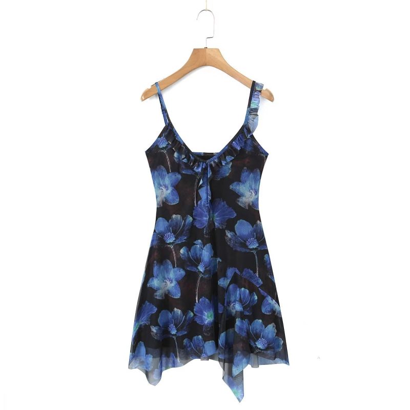 Summer Women Irregular Asymmetric Mesh Suspender Dress - Image 3