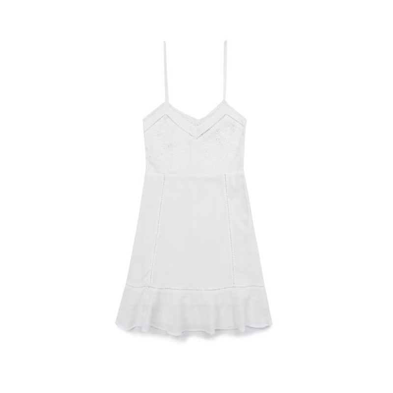 Women Summer Embroidered Lace Linen Blended Short Strap Dress - Image 4