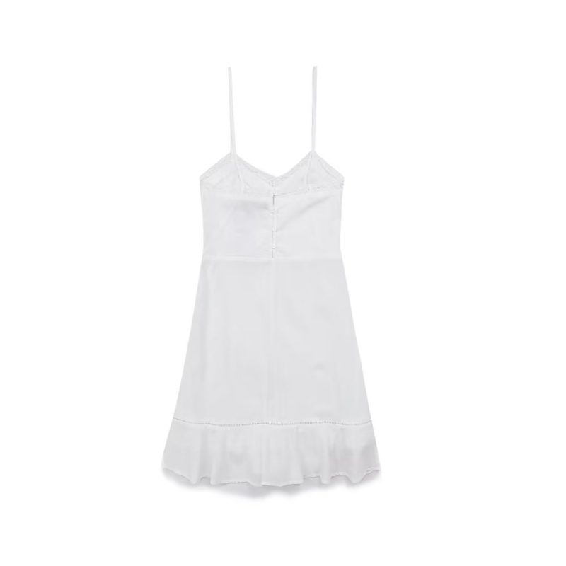 Women Summer Embroidered Lace Linen Blended Short Strap Dress - Image 5
