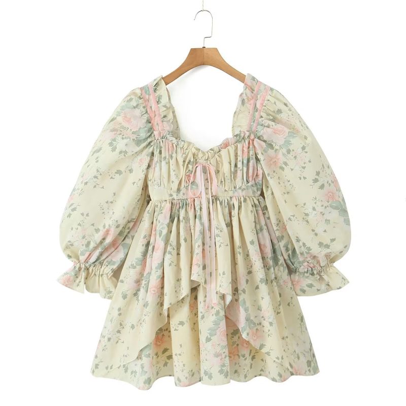 Floral Beautiful Puff Dress Puff Sleeve Design Dress Summer Sweet Floral Pettiskirt - Image 3
