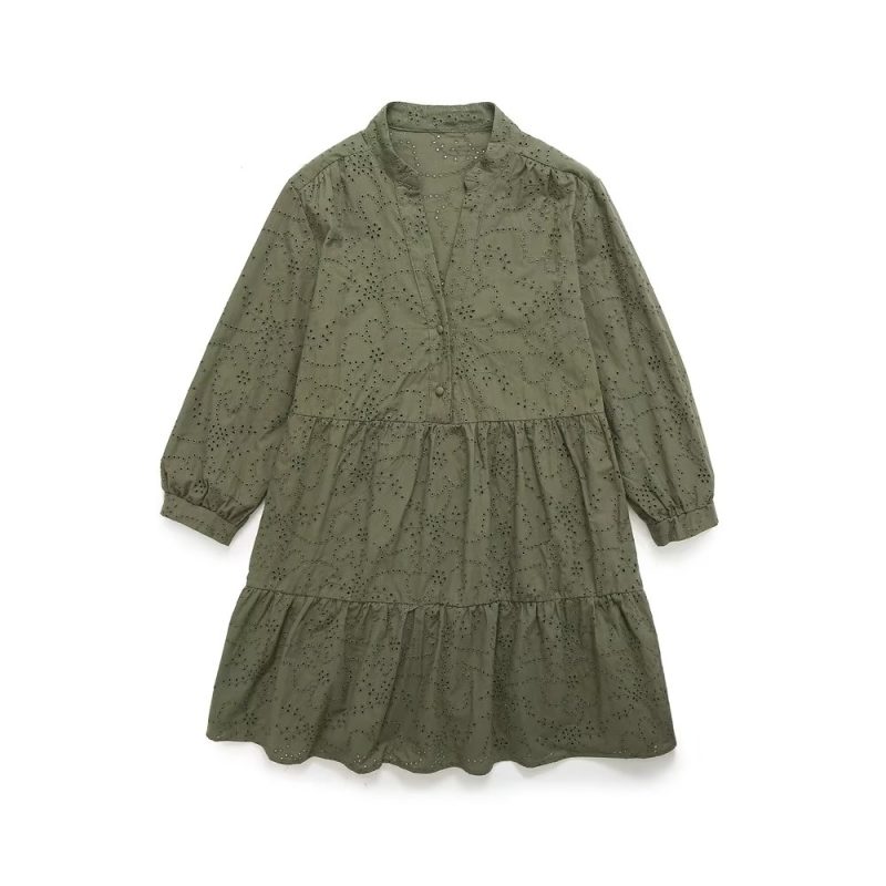 Spring Summer Women  V neck Layered Stitching Loose A  line Hollow Out Cutout Embroidered Dress - Image 4