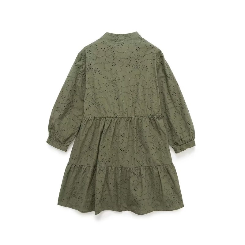 Spring Summer Women  V neck Layered Stitching Loose A  line Hollow Out Cutout Embroidered Dress - Image 5