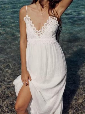 Summer Women  V neck Embossed Lace Strap Dress