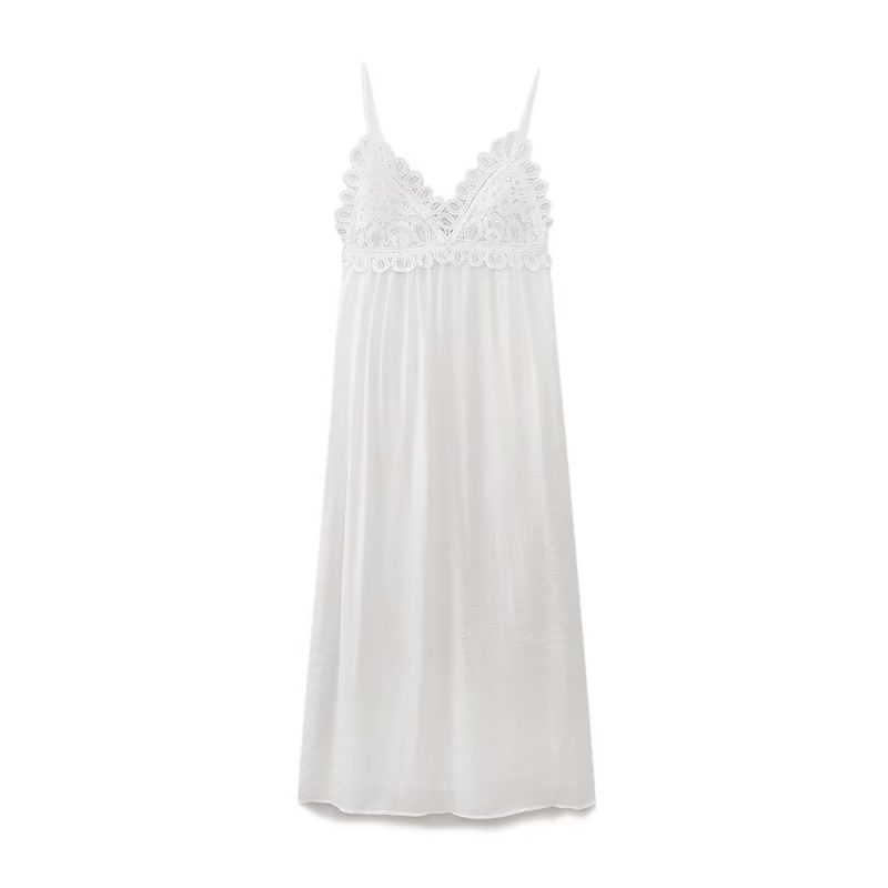 Summer Women  V neck Embossed Lace Strap Dress - Image 2