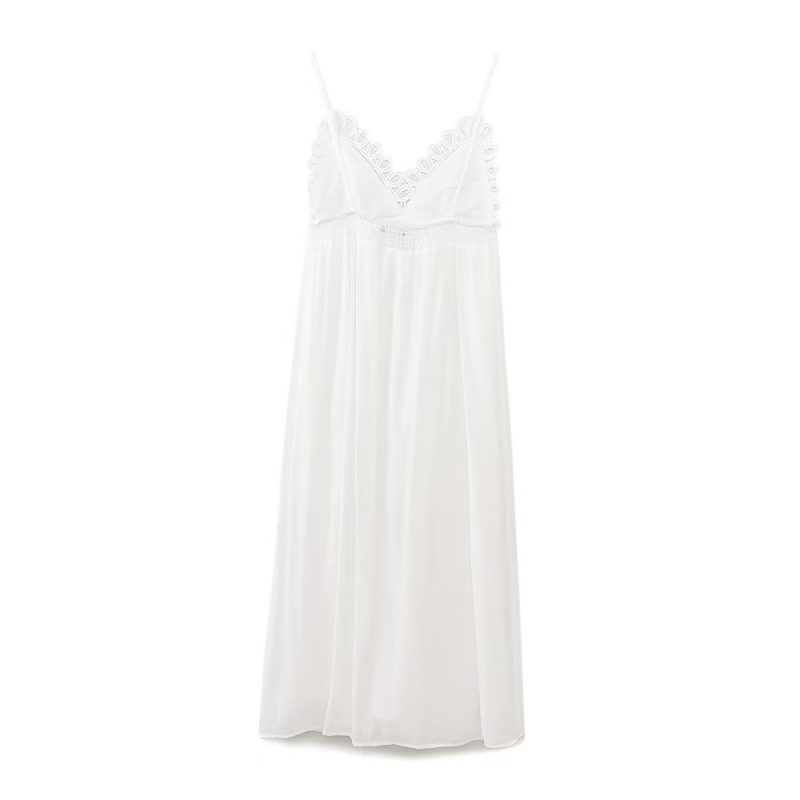 Summer Women  V neck Embossed Lace Strap Dress - Image 3